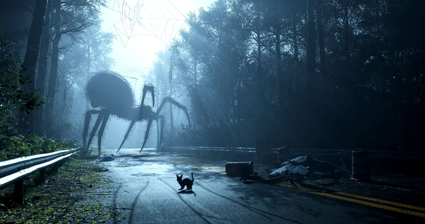 A foggy forest road at night with a giant spider-like creature in the distance